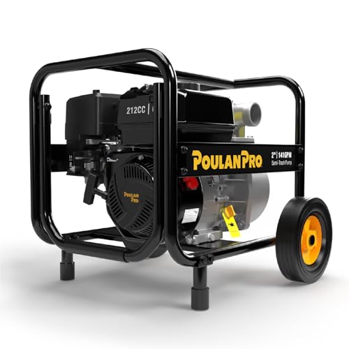 Poulan Pro 2-inch Semi Trash Pump 6HP 212cc 4-cycle Engine 141GPM 100ft Lift 23ft Suction Gas Powered Water Pump with Wheels & Handle for Pond Sewage and Pool (2 inch)