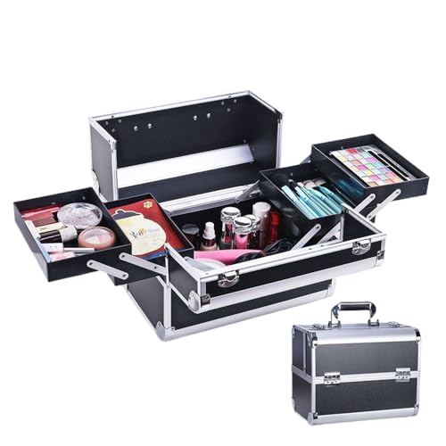 tonntyann メイクボックス 2段トレイ コスメボックス コスメ道具入れ 収納ケース 化粧ボックス 化粧品ボックス 化粧箱 ネイルグッズ アルミ合金製 プロ仕様 化粧品ケース 大容量 化粧箱 鍵付き 収納ケース 化粧品入れ 持ち運び おしゃれ (黒)