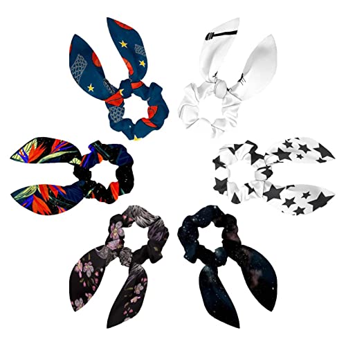 Chouchous cheveux avec nœud et oreilles de lapin en noir et blanc pour femmes (Lot de 6)