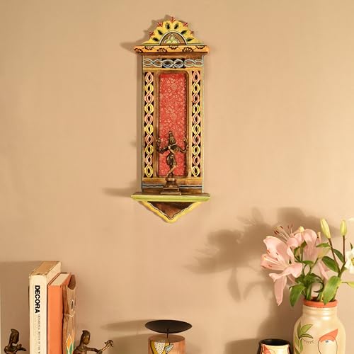 Image of AAKRITI ART CREATIONS Handcrafted Brown Wooden Wall Shelf | Decorative Hand-Painted Storage Rack, Floral Art, Matte Finish | Wall Mount Shelf for Home