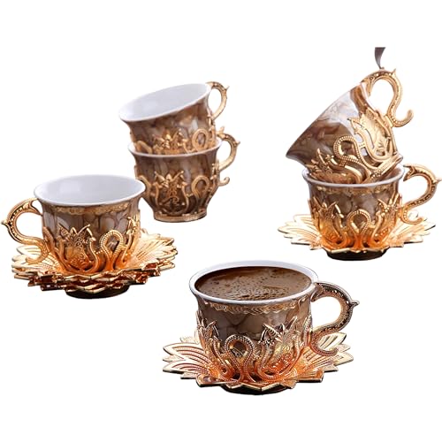 LaModaHome Ottoman Turkish Espresso Coffee Cups with Saucers and Holders Set of 6, Brown Marble Design, Porcelain Arabic, Greek Mini Coffee Mug, Handmade Vintage Gifts, Serving, Tableware - Gold