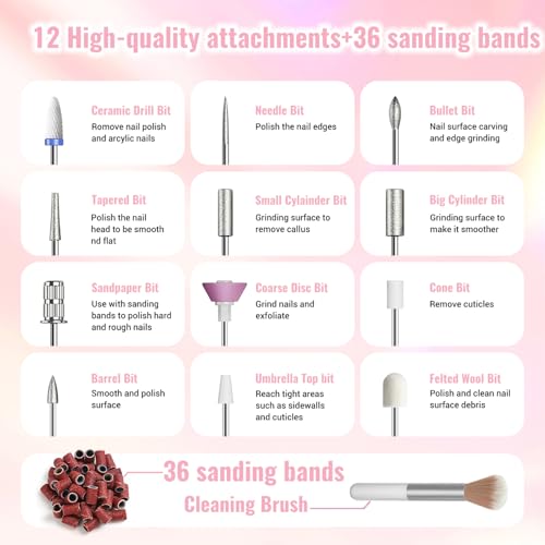 Denabuty Nagelfräser Kabellos 35000 U/Min, Elektrische Nagelfeile 12 in 1 Fräser Nägel Professionell Nail Drill, Nagelfräser für Gelnägel, für Semi Permanent und Acrylnägel, Maniküre Pediküre Rosa
