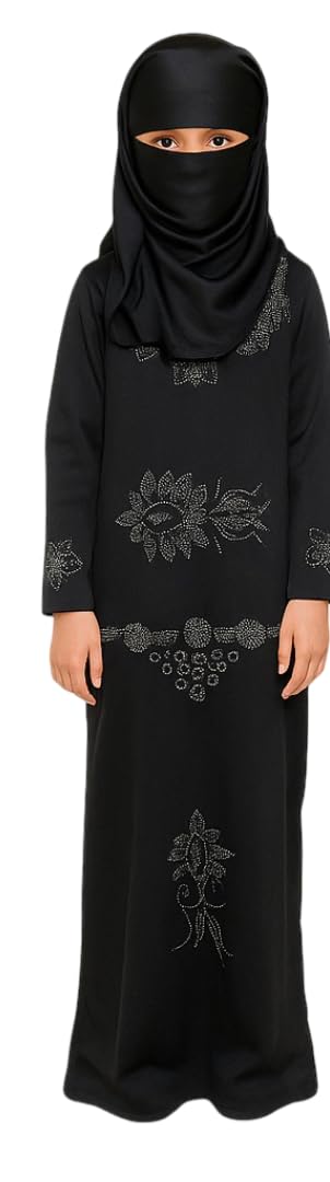 ASFIRK Girls Black Kaftan Dress with Stone Work | Elegant V-Neck Full Sleeve Abaya Style Gown - Authentic ASFIRK Clothing | UrbanThreads