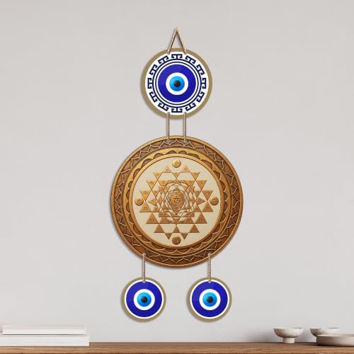 Image of Artvibes Wooden Sri Yantra Evil Eye Wall Hanging Decor for Home and Office | Sacred Vastu Energy Balancing Ornament | Spiritual Wall Accent for Entrance and Gift Giving (WH 85137N)