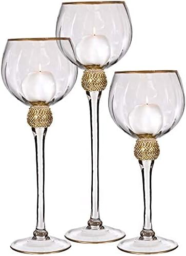 Elegant Bougeoir Collection, Set of 3 Hurricane Candle Holders (Clear with Gold Diamonds and Rims)