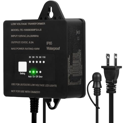 100W Low Voltage Landscape Transformer,Waterproof Low Voltage Transformer with Timer and Photocell Sensor,120V AC to 12V DC Landscape Lighting Transformer for Outdoor LED Spotlight Path Light