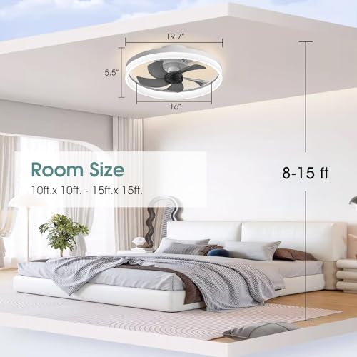 Noiseless 19.7" Flush Ceiling Fan with Light and Remote, Reversible, Dimmable, White for Bedroom.