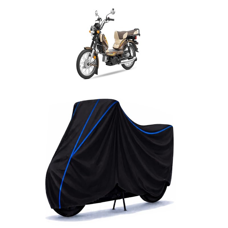Image of TVS XL100 Comfort Bike Cover Water Resistant Universal Motorcycle Rain | Heavy Duty UV Protection, Dust, Scratch Indoor Outdoor All Weather with Black Blue Piping Elastic