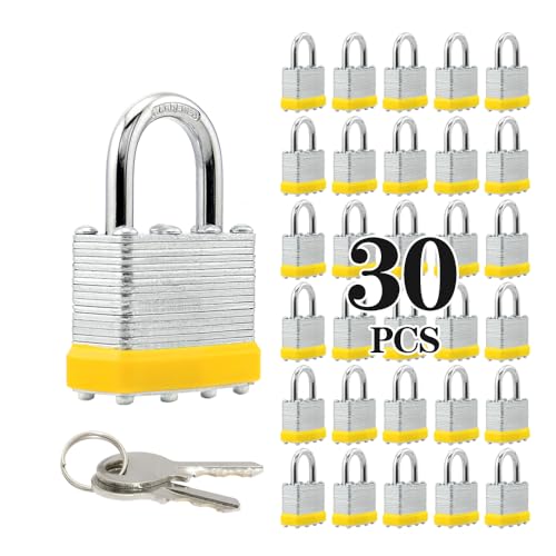 Image of Laminated Steel Keyed Padlocks, 30 Pack, Keyed Alike, Normal Shackle, 1-9 /16 inch (40mm),Yellow Hoop, for Hasp Latch, Sheds, Fences, Storage Locker, Gym