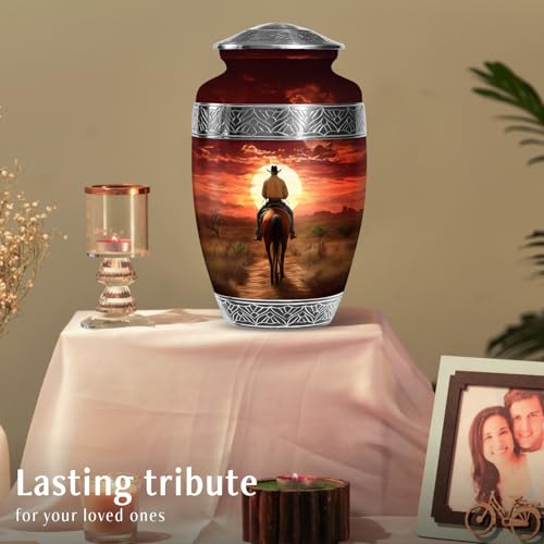 Image of Cowboy Cremation Urns for Human Ashes - Horse Urn for Ashes Adult Male Dad - Sunset Funeral Urns for Women - Large Decorative Urn for Adult Female (Size:- 10 Inch 1 Pc)