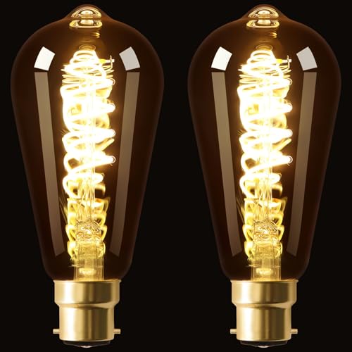 Terafeels 2 Pack B22 Vintage LED Light Bulbs ST64 4W 2700K Warm White Antique Style Retro Amber Glass Spiral Filament Dimmable Bayonet Light Bulb