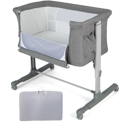 COSTWAY Baby Bedside Crib with Mattress, Light Grey