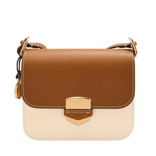 Fossil Women's Lennox Leather Large Flap Crossbody Purse Handbag, Vanilla/Saddle Colorblock (Model: ZB11012103)