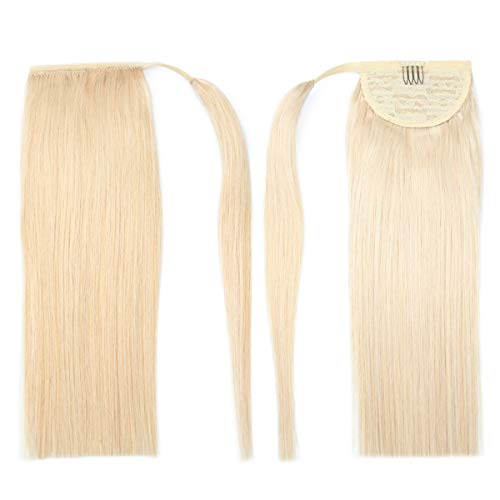 One Piece Wrap Around Human Hair Ponytail Extension Clip in on Straight Ponytail Extensions 80g/pc 14inch Bleach Blonde Color (14", 613 Bleach Blonde)