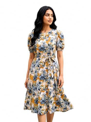 Image of HELLCAT Women Floral Fit & Flare Midi Dress | Round Neck, Puff Short Sleeve, Waist Tie-Up Belt | Casual Brunch Wear, Western One Piece, A-Line Long Frock, Summer Party Outfit