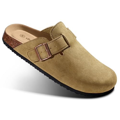 Image of BULLIANT Women Clogs-Fleece-Lined Suede Mules Slippers Nurse Shoes Unisex-Memory Foam Arch Support Cork-Footbed