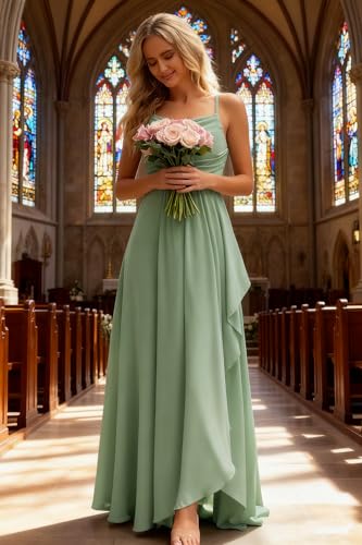 Image of Women's Chiffon Bridesmaid Dresses for Wedding Long Formal Evening Prom Gown with Slit Side AR079