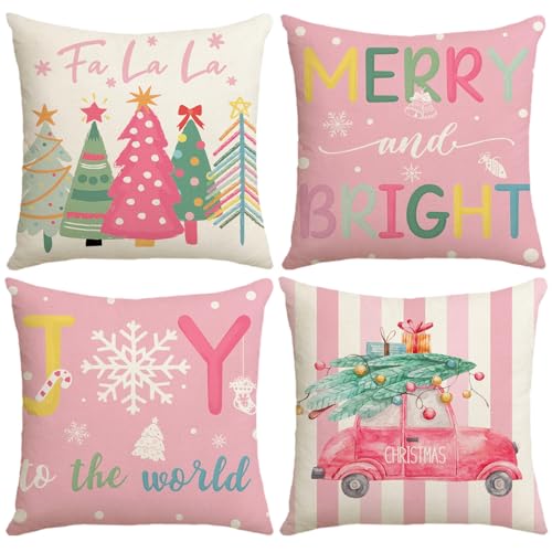 NANEEZOO Christmas Pillow Covers - 4 Pack Christmas Throw Pillow Covers Navy Blue Cotton Linen Cushion Covers Snowflake Pillowcase for living room Sofa Bed Home Decor, 18 x 18 Inch (Pink)