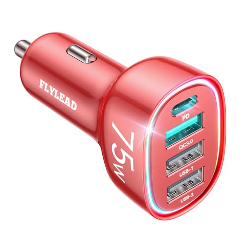 FLYLEAD USB C Car Charger Cigarette Lighter Adapter 75W 4-Port Fast Car Charger Fast Charging Compatible with iPhone16/15/14/13 Series- RED