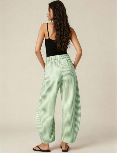 Image of TARSE Womens Striped Linen Barrel Pants with Pockets Y2k Patchwork
