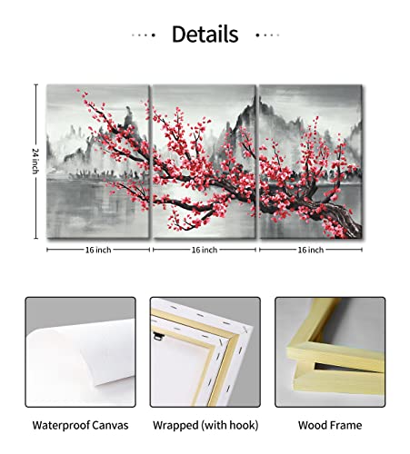 Red Plum Blossom Floral Wall Art Traditional Chinese Style Picture Canvas Posters Print Modern Artwork Framed For Living Room Bathroom Bedroom Wall Painting Home Decor,16X24 Inches Set Of 3 #TOP5