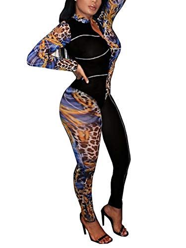 OLUOLIN Womens Sexy Long Sleeve Deep V Neck Bodycon Print Mesh Jumpsuits Color Block Slim Fit Long Romper Pants Clubwear Blue