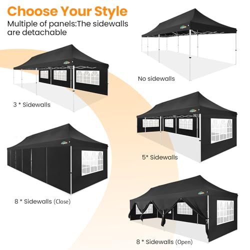 Image of COBIZI 10x30 Pop up Canopy with Roller Bag & 8 Removable Sidewalls, Canopy Tent for Parties, Wedding, and Commercials, Waterproof and Instant Shelter UV50+ Outdoor Gazebo with 4 Sandbags(Pure Black)