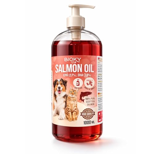Bioky Aceite de Salmón Premium para Perros y Gatos 1L – Omega 3 EPA y DHA – Origen Escocia – Complemento Alimenticio con Ácidos Grasos y Vitamina E
