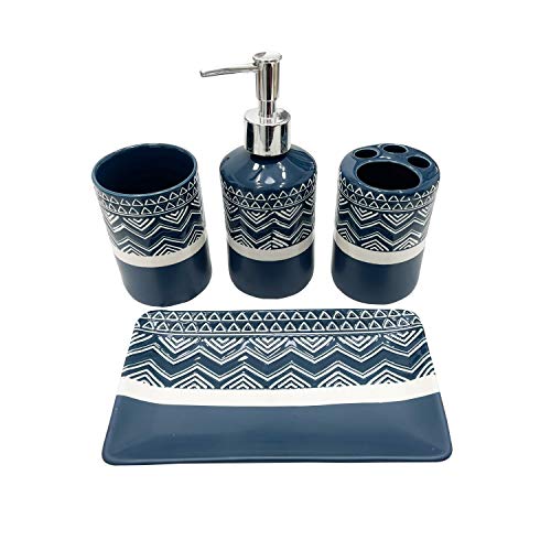SUNBRIGHT Bathroom Accessories Complete Set 4 Pcs - Soap Dispenser, Toothbrush Holder, Tumbler & Towel Tray - Countertop Vanity Organize
