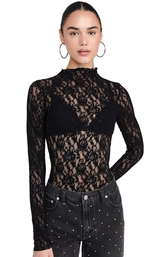 hanky panky Women's Signature Lace Mock Neck Long Sleeve Thong Bodysuit