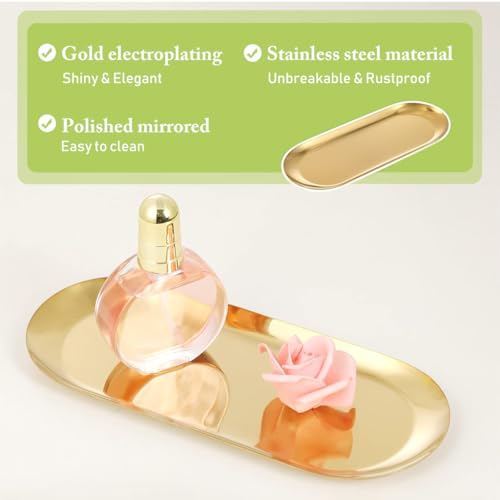 Image of HASTHIP 2Pcs Golden Trinket Trays Stainless Steels, Jewelry Organizer Trays, Dressing Table Organizer, Bathroom Tray, Plates Organizer for Kitchen, 23x9cm
