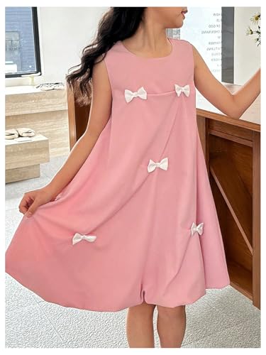 OYOANGLE Girl's Cute Bow Bubble Dress Sleeveless Crew Neck Ruched A Line Short Tank Dresses4