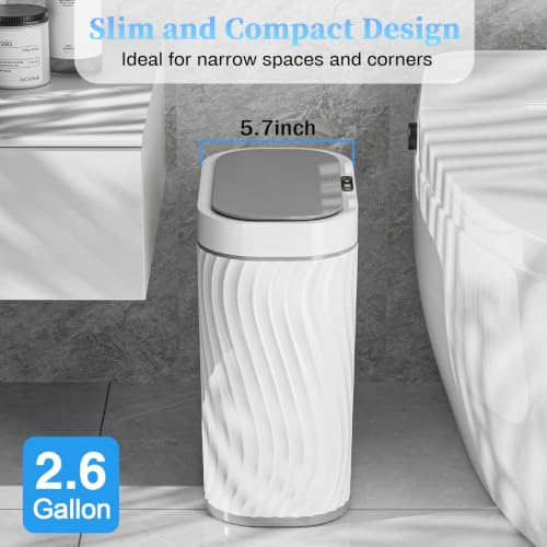 Image of Ogikey Bathroom Small Trash Can with Automatic Touchless Lid, 2.6 Gallon Smart Garbage Can Narrow Waterproof Trash Bin for Bedroom, Office, Living Room