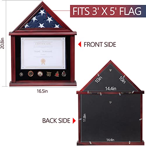 Tieeqe Solid Wood Flag Display Case Military Shadow Box Fit a Folded 3'x5' Flag for Army Navy Air Force Veteran Flag American Military Flag Display Case with Certificate Holder, Mahogany - Thumbnail 3