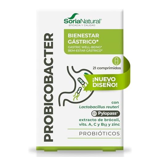 Soria Natural Probicobacter - con Lactobacillus reuteri PylopassTM, extracto de bróxoli y vitaminas A, C y B12 – Ayuda a la Eliminación de la Helicobacter Pylori - Caja con 21 comprimidos de 750 mg