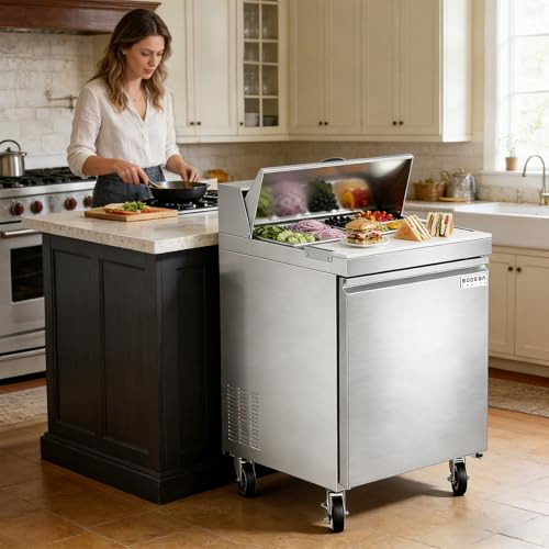 Image of BODEGACOOLER 27 inch W Sandwich Prep Table Refrigerator, 8.03 Cu.Ft Pizza Prep Table, Commercial Salad Bar with Single Stainless Steel Door, 8*1 /6 Pans, Cutting Board for Restaurant,Home,Cafe,Bakery