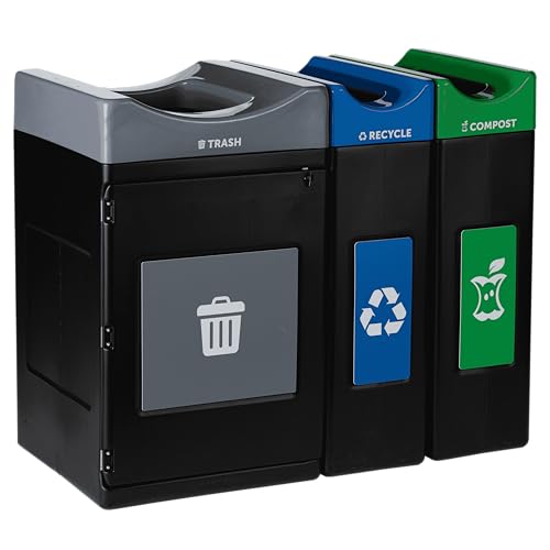 Avante™ Series Made in The USA, Black Triple-Stream,Trash, Recycling and Compost Center, 55-Gallon Square, 30-Gallon Narrow, Open Top