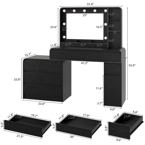 Image of 60.2 inch Makeup Vanity Desk with Charging Station, Black Makeup Dressing Table with Mirror & Lights, 3 Lighting Modes Adjustable Brightness, Vanity Table with Power Outlet and 6 Drawers