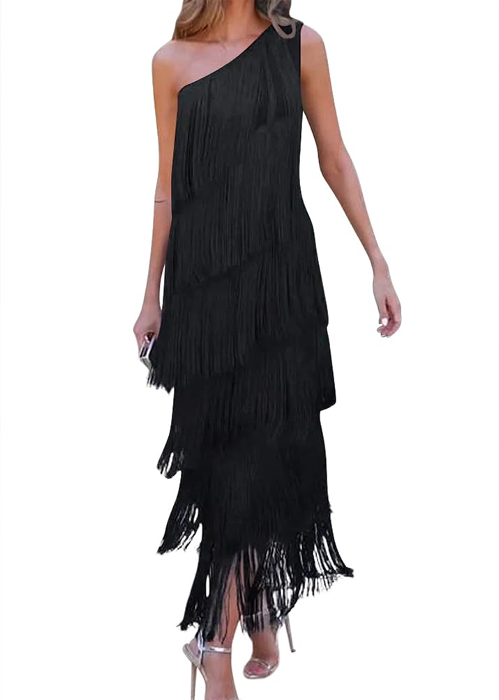 Onsoyours Abito Donna Frange Elegante Chic Vestiti Sexy Senza Maniche Vestito Lunghi A-Linea Asimmetrico Maxi Abiti Cocktail Sera Party Dress