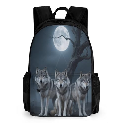 Supdreamc Men Women Polyester Three Wolves Moonlight Dead Trees Art Daypack Big Capacity Shoulder Bag With Smooth Zippers for Hiking Work Walking Cycling