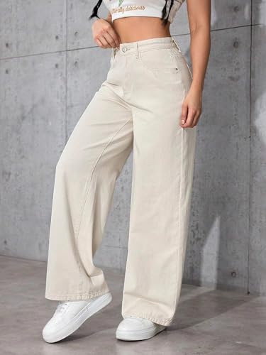 Image of Women's Off-White High Waist Denim Jeans | Straight, Relaxed, Wide Leg & Baggy Fit | High Rise Loose Oversized Denim Pants for Women | Comfortable Casual Everyday Wear | Oversized Woman baggys
