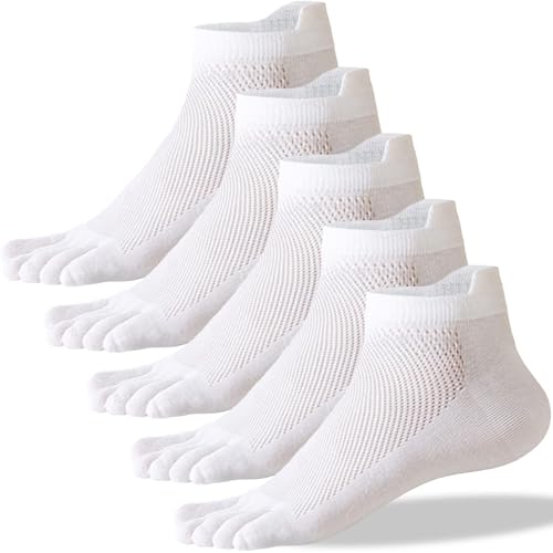 QUPOLPOL Calcetines de Dedos para Hombre 5 Pares – Transpirables, Antibacterianos, Algodón Suave – Calcetines Deportivos Cortos de Malla con Separación de Dedos para Correr y Uso Diario (Blanco)