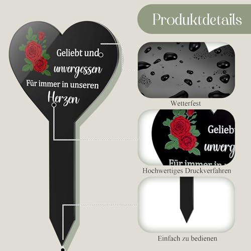 Photect Herz Grabstecker Schwarz Acryl Grabschmuck mit Gravur Geliebt und Unvergessen Träumen Gedenktafel Grabstein Grabdeko Wetterfest Gartenstecker für Grab(Bunte Rosen)