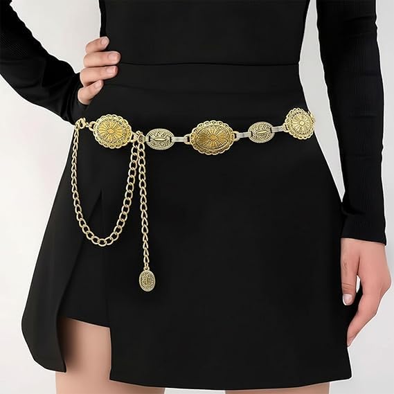 Western Metal Concho Belt for Women Cowgirl Chain Belts for Dresses Jeans Country Concert Outfit, Gold-39, Length 45" (28"+extended chain 17")-image-28
