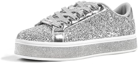 LUCKY STEP Damen Plateau Sneaker mit Glitzer, Funkelnde Schuhe | Glitzer-Obermaterial, Baumwollfutter, gepolsterte Einlegesohle, funkelndes Plateau-Detail und TPE-Sohle für Freizei