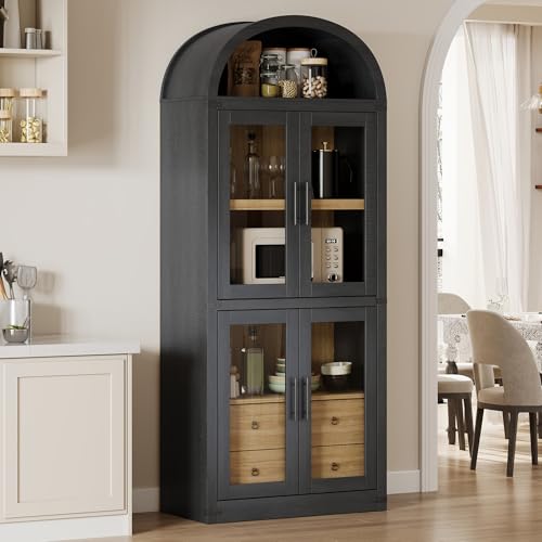 GarveeHome Arched Pantry Cabinet with Doors 71.4 in Tall Wood Bookcase with 2 Drawers Farmhouse Kitchen Cupboard Modern Display Storage Cabinet for Kitchen, Dining Room, Bathroom