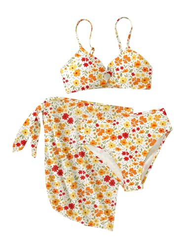 Image of RoseSeek Girls 3 Piece Bikini Set with Beach Skirt Floral Leopard O-Ring Padded Swimsuit for Teen Girls