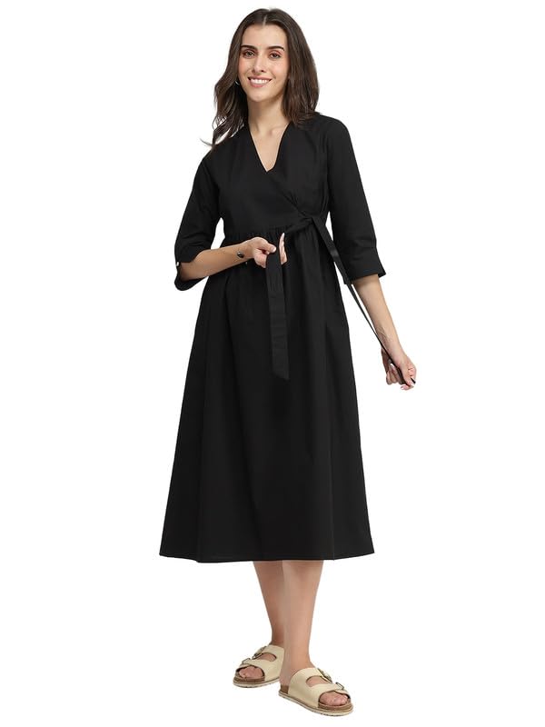 pink fort Cotton Solid Wrap Dress - Black-picture-13