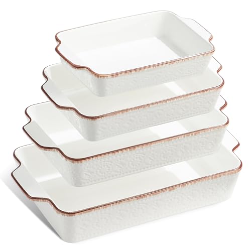 ONEMORE Lot de 4 plats à gratin en céramique avec poignées, Plats à cuisson rectangulaires, Plat à lasagnes pour gâteaux, repas et banquets, Compatibles lave-vaisselle et four