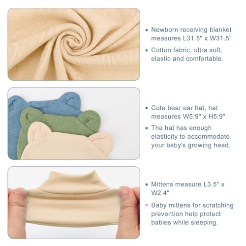 Image of BQUBO 3 Sets Cotton Baby Swaddle Blankets Swaddling Wrap with Hats Mittens Newborn Soft Silky Nursery Receiving Blanket Cute Bear Ears Hat Elastic Gloves Set for Unisex Baby 0-3 Months
